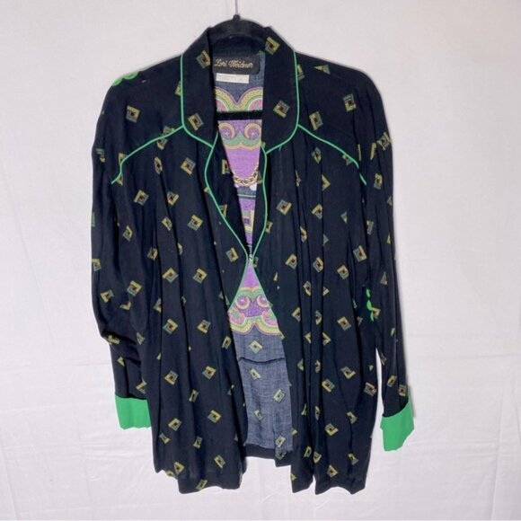Vintage Lori Weidner Black Green Purple Bold Print Open Front Light Jacket 8 - Picture 13 of 14